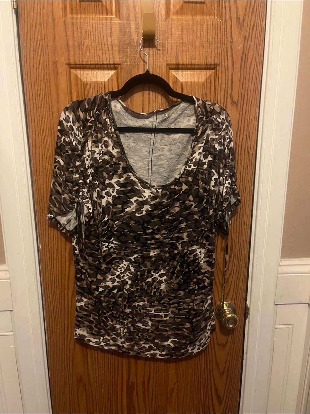 a.n.a Brown and Cream Animal Print Short Sleeve Scoop Neck Tee